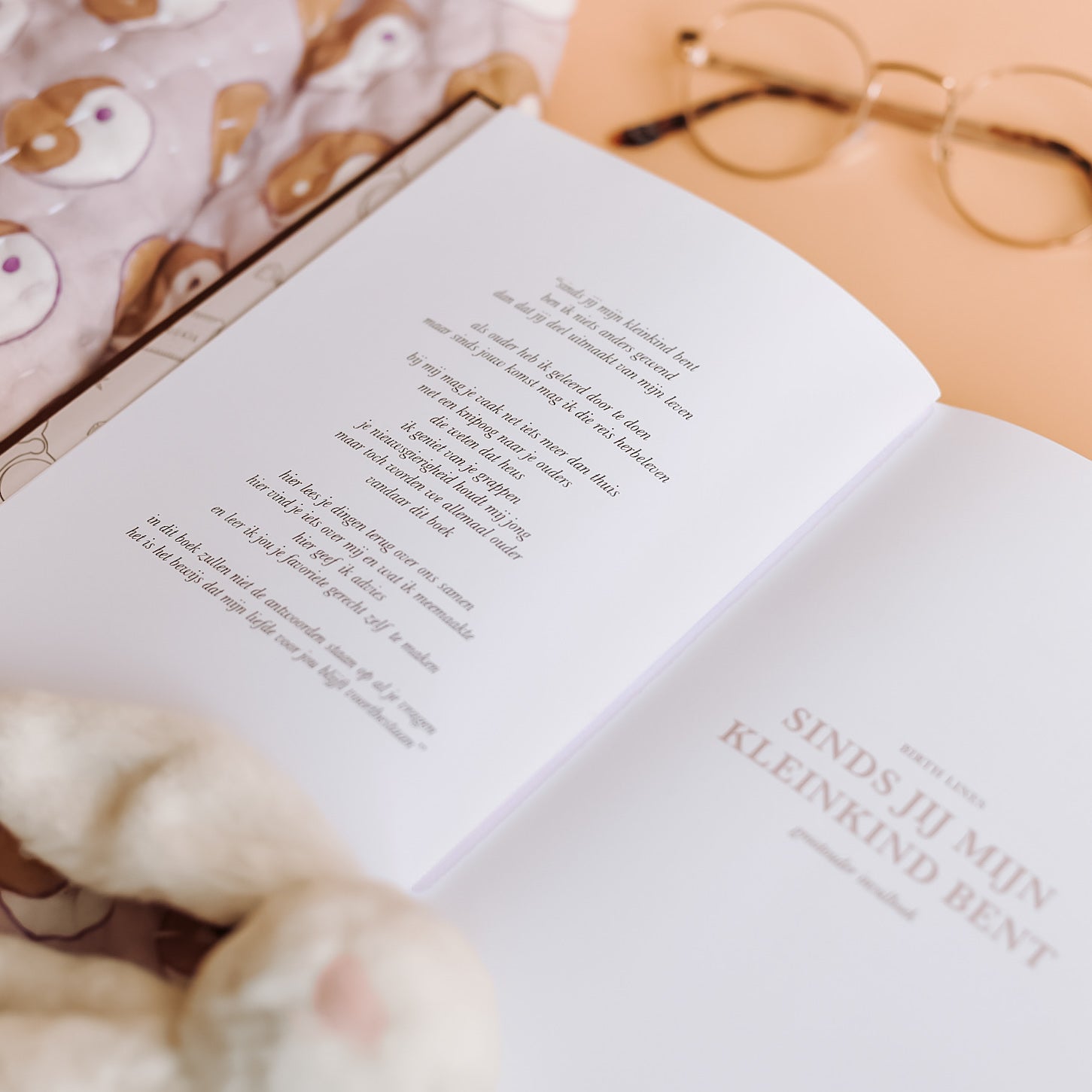 Binnenkant titelpagina van Birth Lines grootouder invulboek Sinds jij mijn kleinkind bent met linnen kaft en warme minimalistische vormgeving