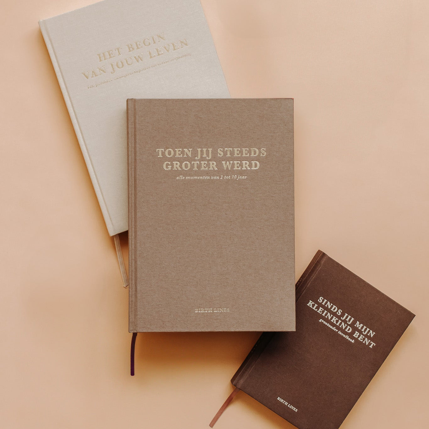 Birth Lines invulboeken bundel met zwangerschap baby opgroei en grootouder invulboek op beige achtergrond met linnen kaft