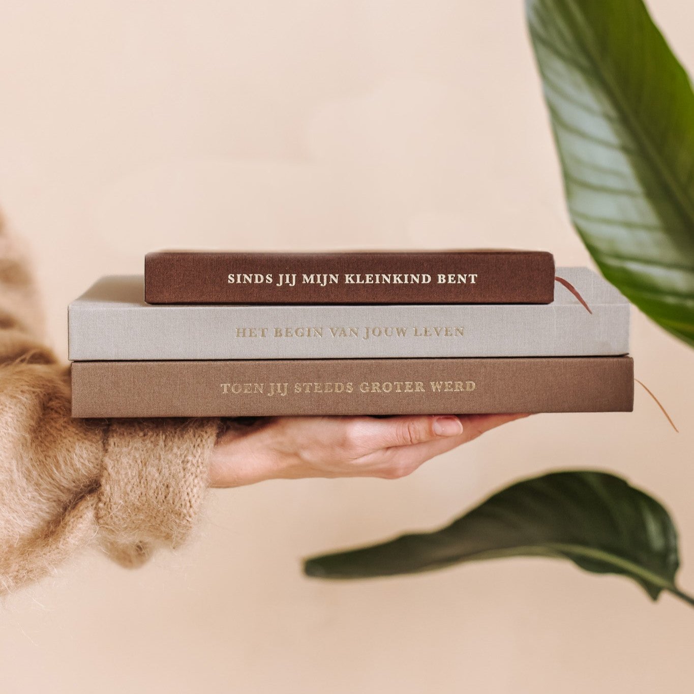 Stapel Birth Lines invulboeken met zwangerschapsboek, babyboek, opgroei invulboek en grootouder invulboek met linnen kaften en goudfolie titels