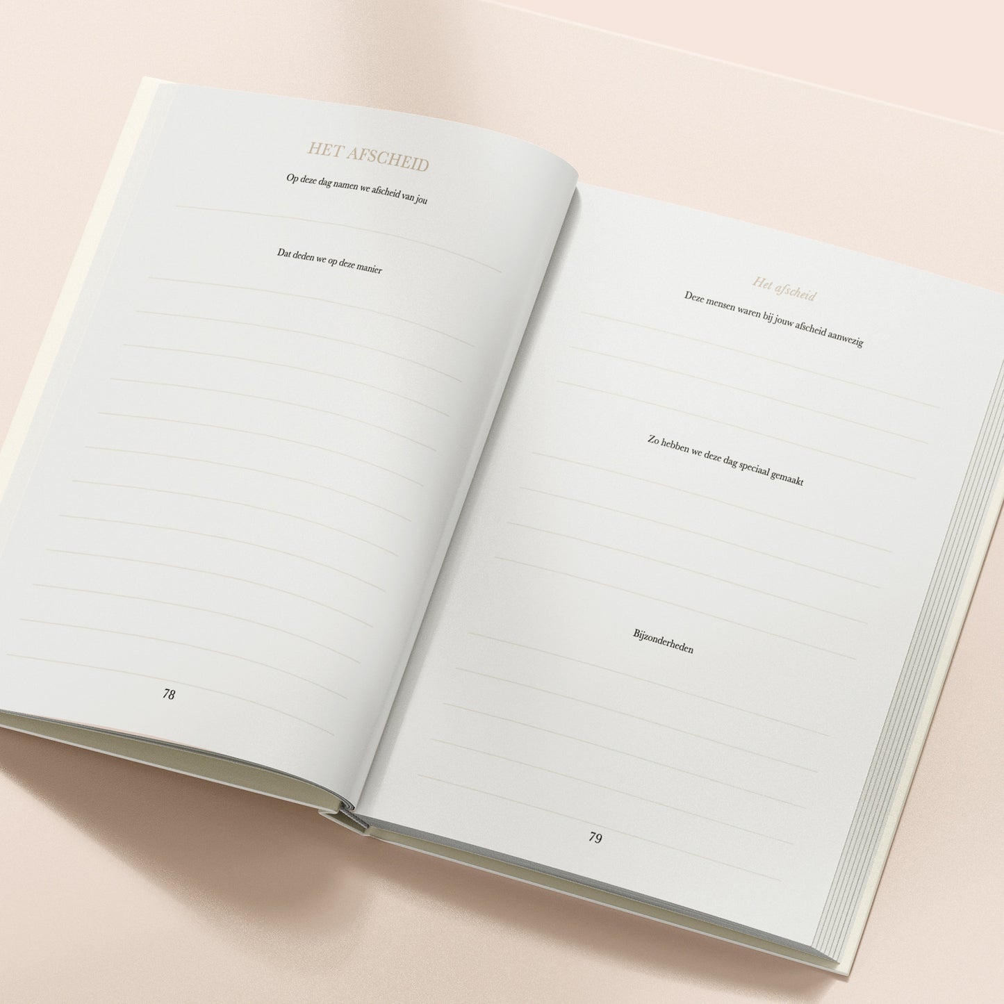 Open pagina van Nu jij hier niet meer bent sterrenkindje invulboek met hoofdstuk Het afscheid en schrijfruimte voor afscheid, herinneringen en persoonlijke gevoelens