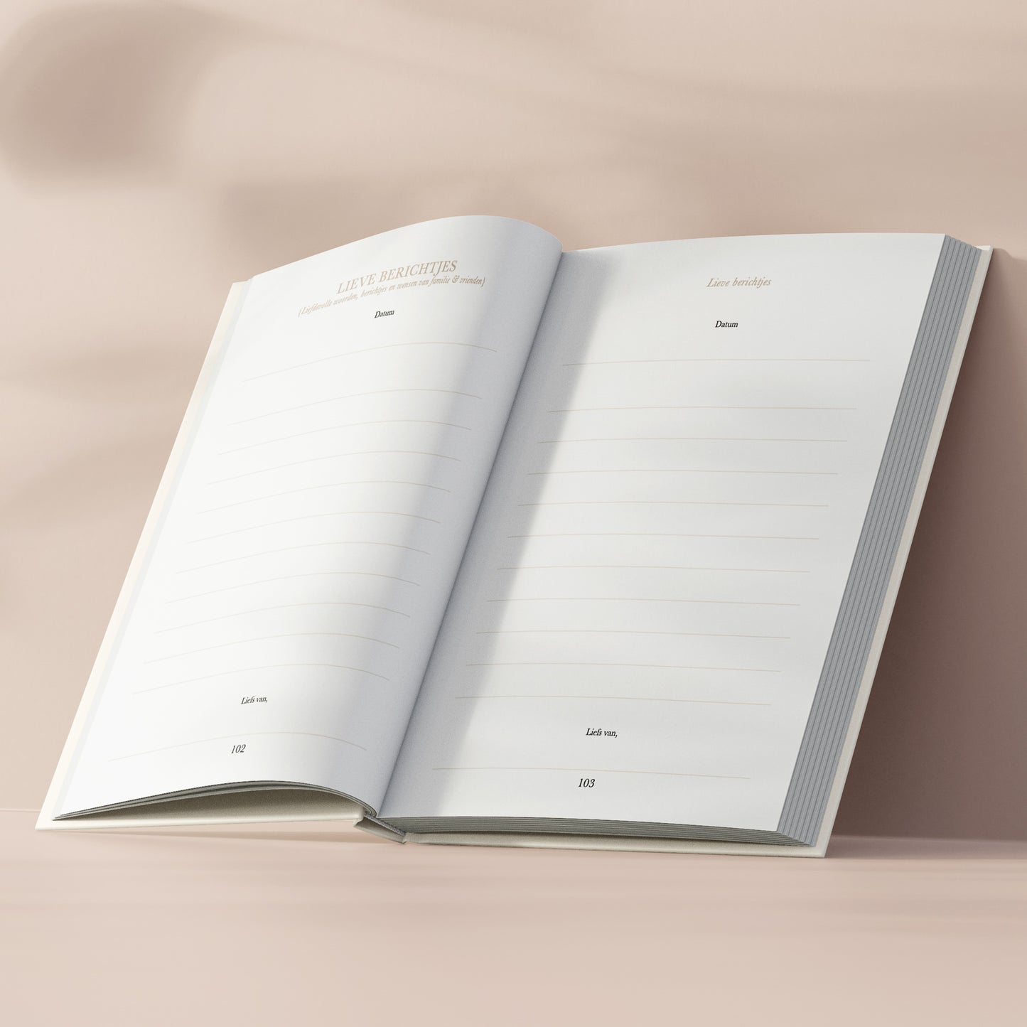 Open pagina van Nu jij hier niet meer bent sterrenkindje invulboek met onderdeel Lieve berichtjes en schrijfruimte voor persoonlijke boodschappen en herinneringen