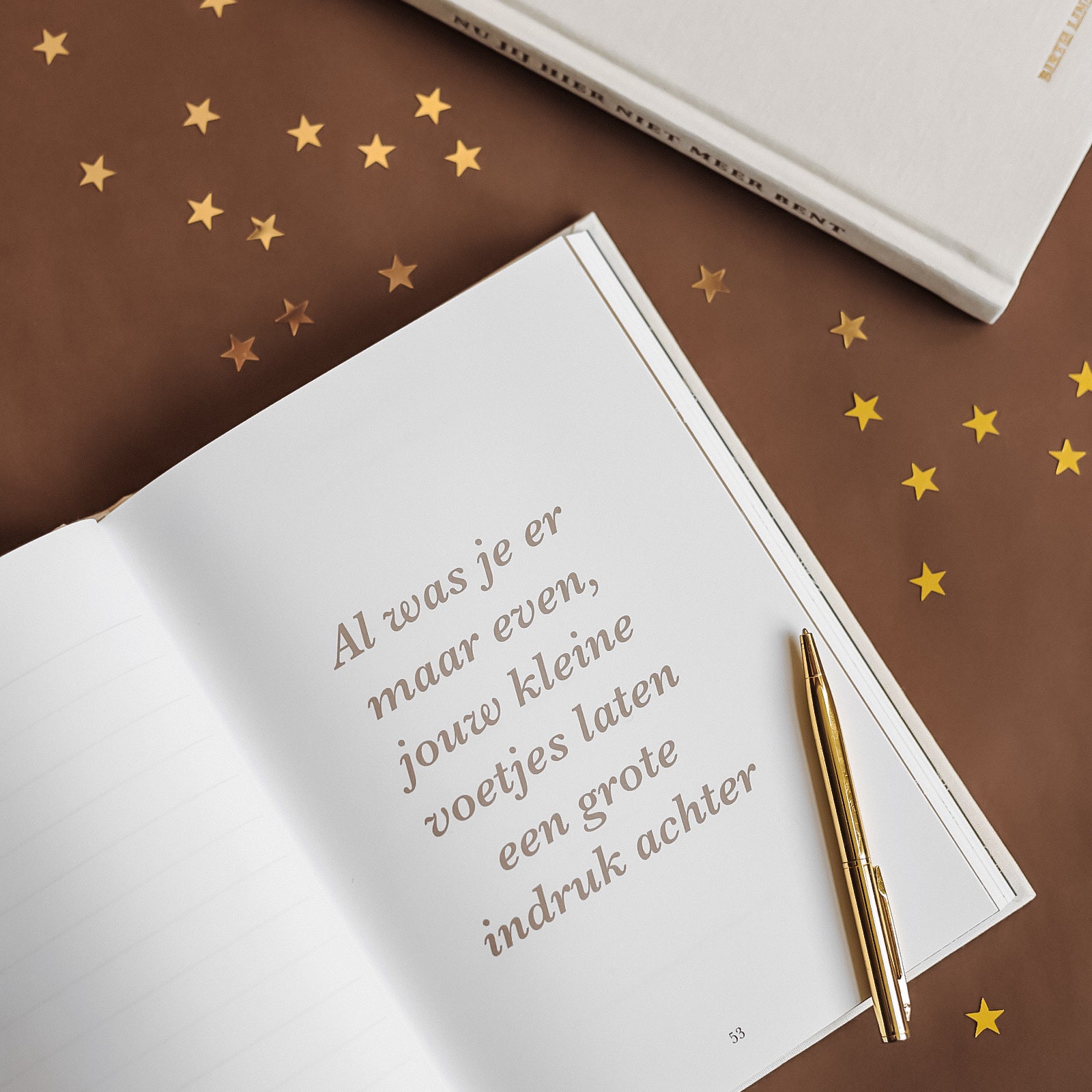 Quote pagina uit Birth Lines sterrenkindje invulboek met tekst over kleine voetjes en grote indruk, open boek met goudkleurige pen en sterretjes op warme bruine achtergrond